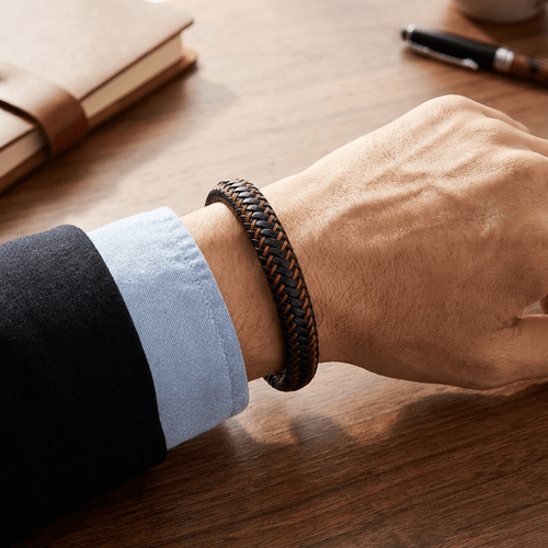 Coral men's braided eco leather bracelet with magnetic stainless steel clasp