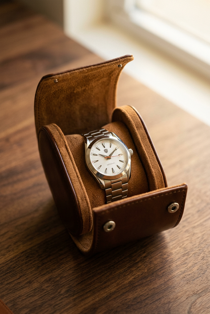 Brown 1-watch roll open with a steel watch, on a walnut desk