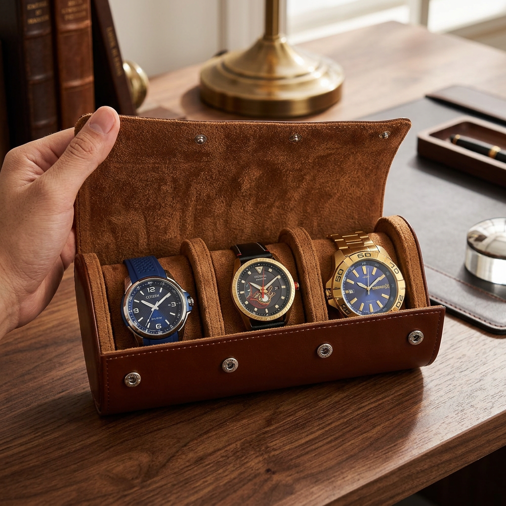 Brown 3-watch roll held open with three large watches on their pillows, on a wooden desk