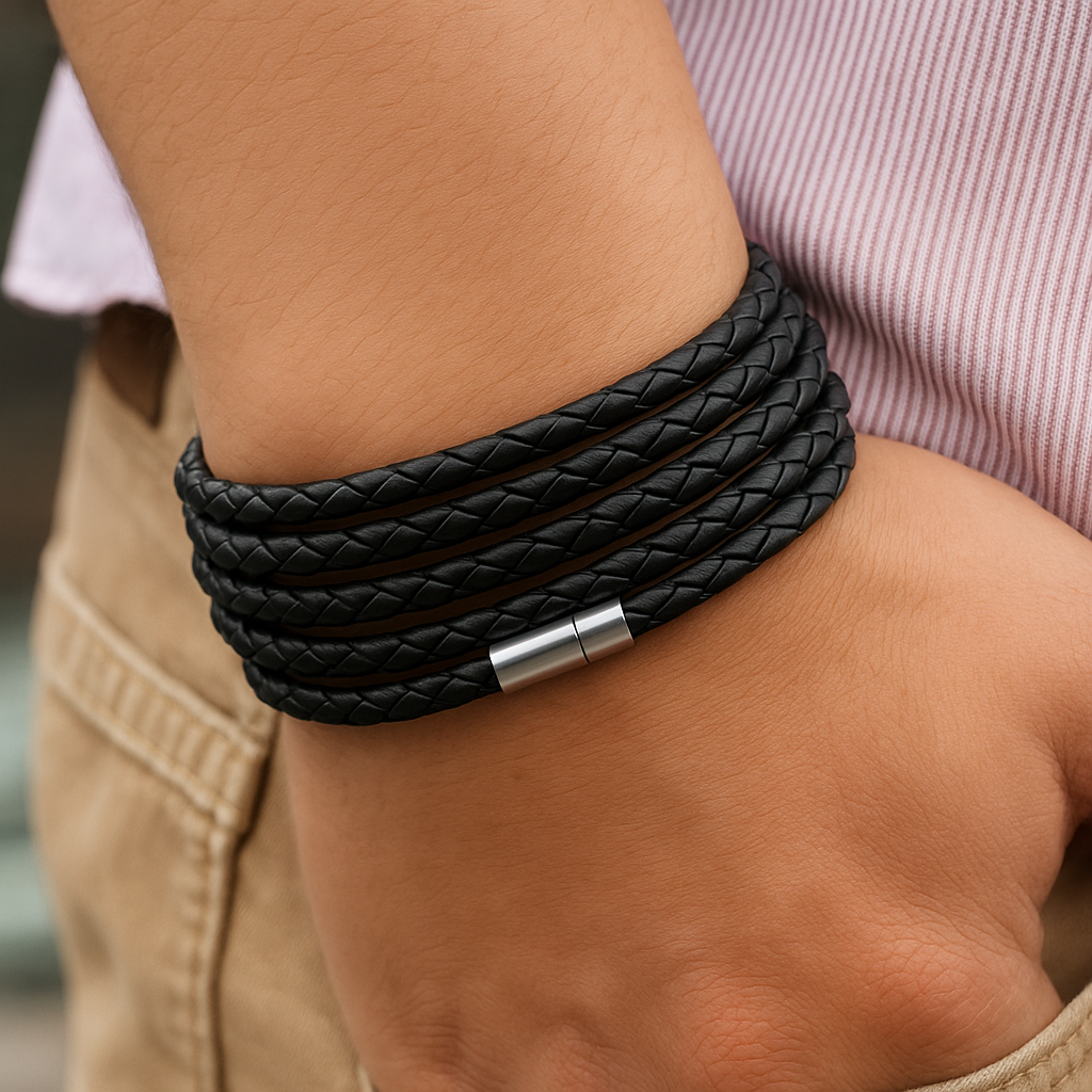 Leather Link Nero Bracelet – Black Retro Wrap Bracelet for Men with 5 Laps, Sporty Chain Link Style and Fashionable Leather Design