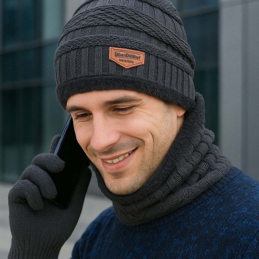 Nordic Fleece Winter Set – 3-Piece Knitted Set with Hat, Scarf, and Touchscreen Gloves, Fleece-Lined for Maximum Warmth and Comfort