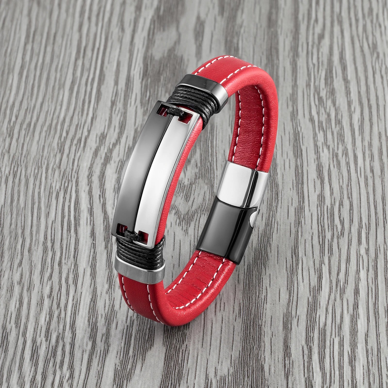 Caesarea Punk Double Row Bracelet – Smooth Multicolor Stainless Steel & Wide Leather