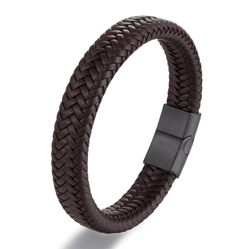 Vortex Braided Leather Bracelet – Punk Style with Black Stainless Steel Magnetic Clasp, Bold Woven Design for Men