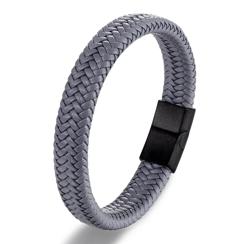 Vortex Braided Leather Bracelet – Punk Style with Black Stainless Steel Magnetic Clasp, Bold Woven Design for Men