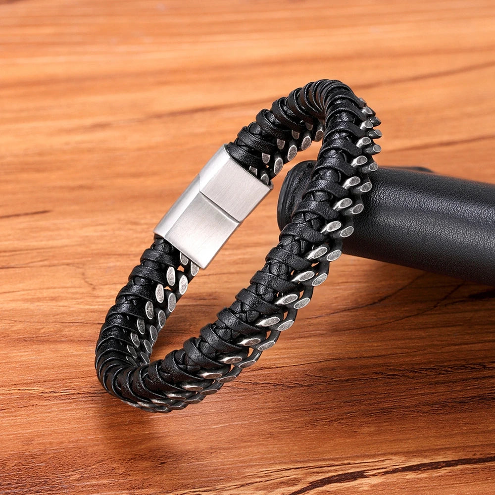 XQNI Luxury Vintage Handmade Leather Braid Men Bracelet Stainless Steel Buckle Business Men's Bangles For Friend Partner Lovers