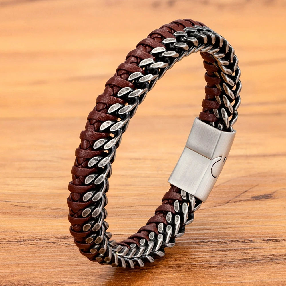 XQNI Luxury Vintage Handmade Leather Braid Men Bracelet Stainless Steel Buckle Business Men's Bangles For Friend Partner Lovers