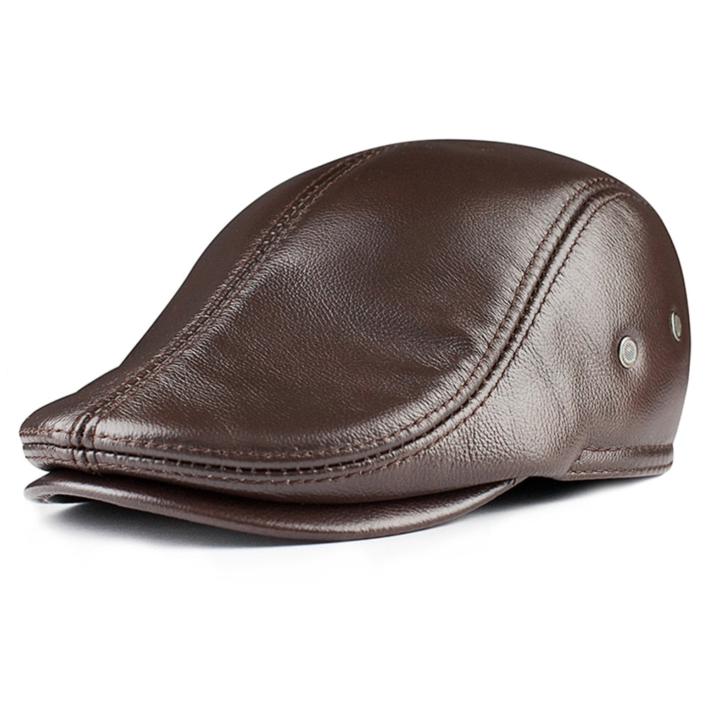 LA SPEZIA Leather Fleece Men's Beret: Genuine Brown Leather Flat Cap with Earflaps for Warm Autumn-Winter Gatsby, Driver, Ivy, and Newsboy Styles