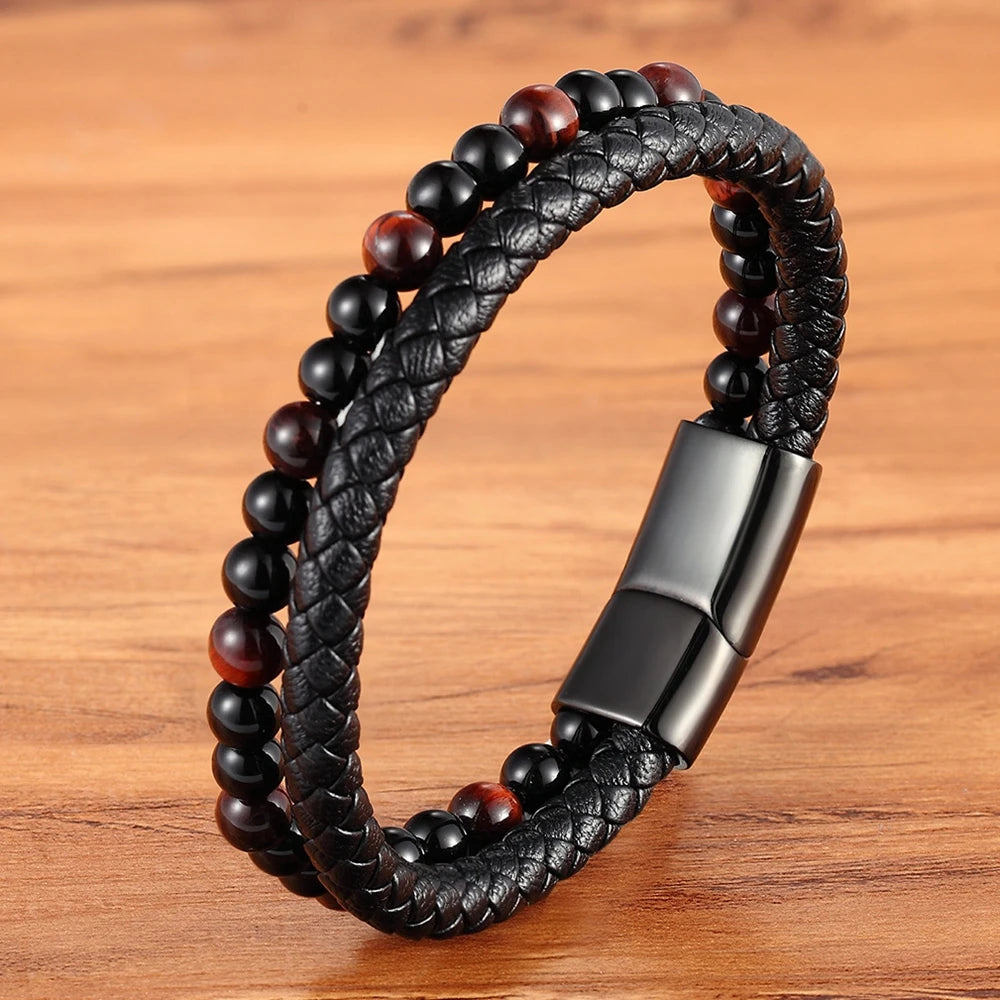 Valentia Natural Stone & Leather Bracelet – Double Layer with Stainless Steel Magnetic Clasp