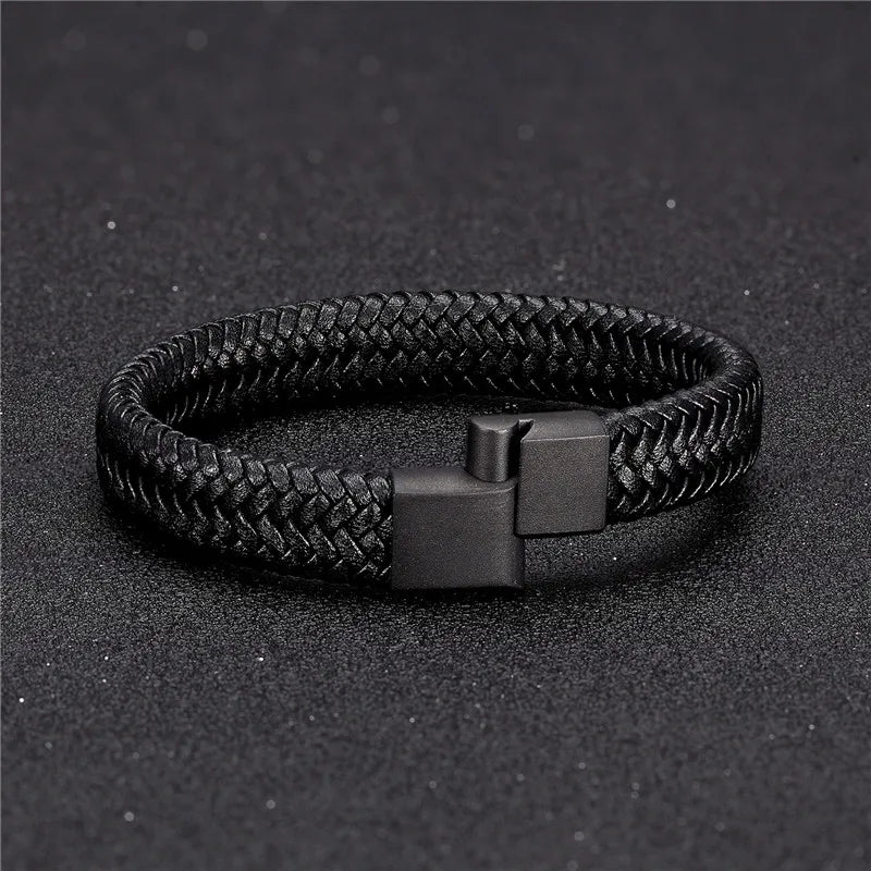 Vortex Braided Leather Bracelet – Punk Style with Black Stainless Steel Magnetic Clasp, Bold Woven Design for Men