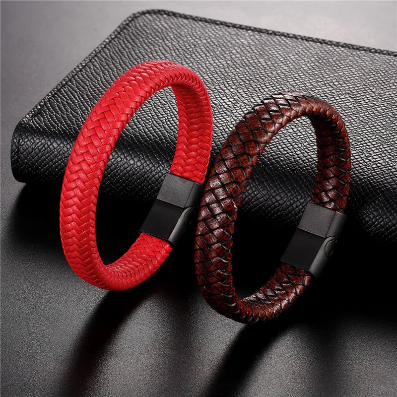 Vortex Braided Leather Bracelet – Punk Style with Black Stainless Steel Magnetic Clasp, Bold Woven Design for Men