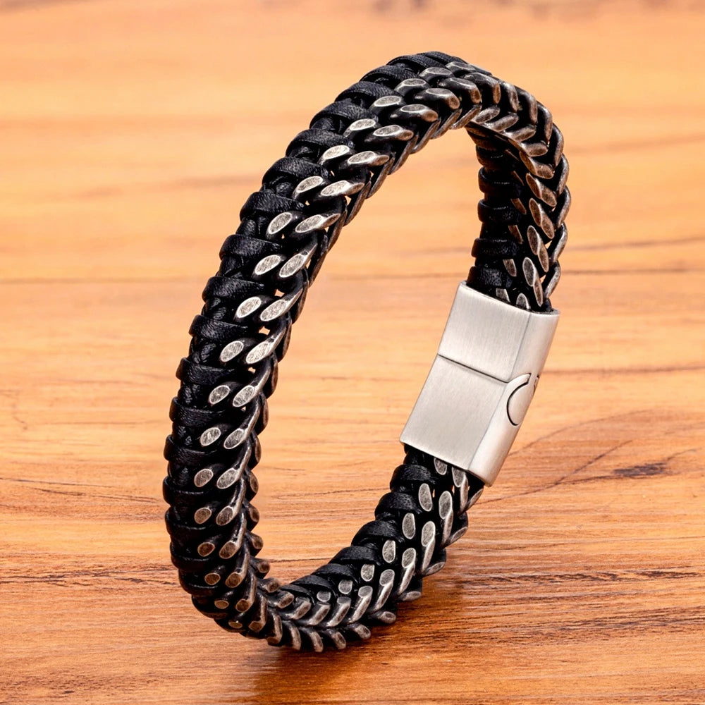 XQNI Luxury Vintage Handmade Leather Braid Men Bracelet Stainless Steel Buckle Business Men's Bangles For Friend Partner Lovers