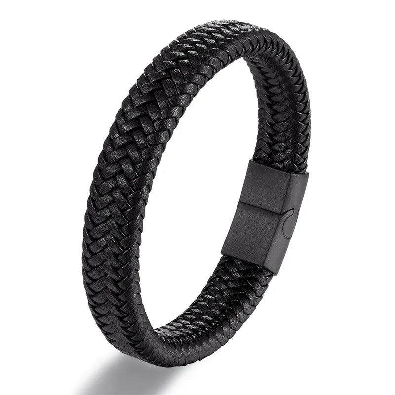 Vortex Braided Leather Bracelet – Punk Style with Black Stainless Steel Magnetic Clasp, Bold Woven Design for Men