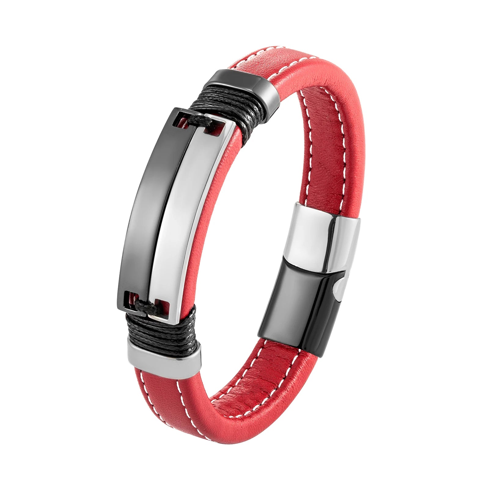 Caesarea Punk Double Row Bracelet – Smooth Multicolor Stainless Steel & Wide Leather