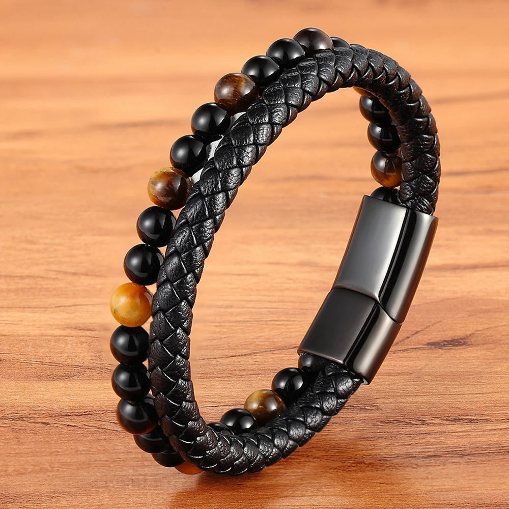Valentia Natural Stone & Leather Bracelet – Double Layer with Stainless Steel Magnetic Clasp