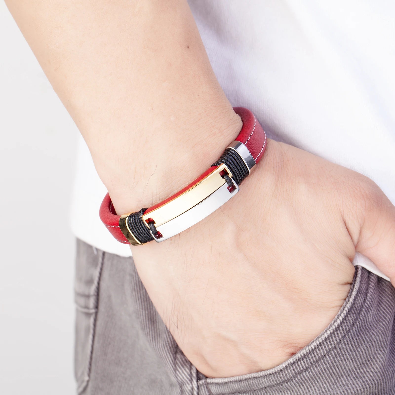 Caesarea Punk Double Row Bracelet – Smooth Multicolor Stainless Steel & Wide Leather