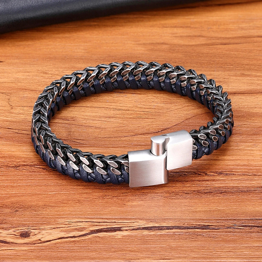 XQNI Luxury Vintage Handmade Leather Braid Men Bracelet Stainless Steel Buckle Business Men's Bangles For Friend Partner Lovers