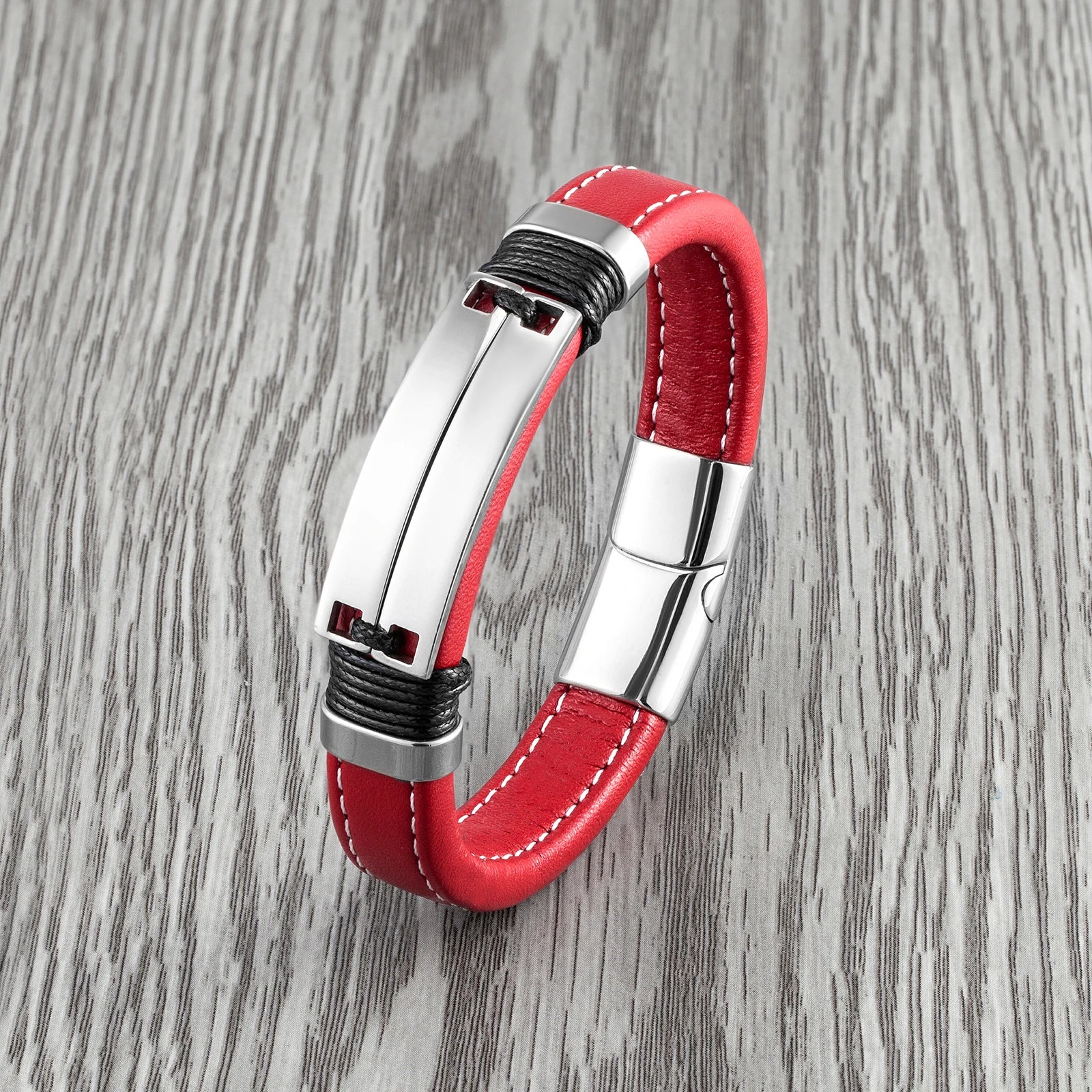 Caesarea Punk Double Row Bracelet – Smooth Multicolor Stainless Steel & Wide Leather