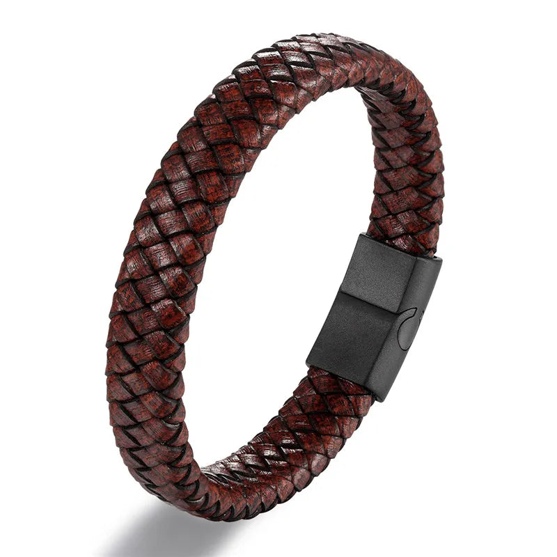 Vortex Braided Leather Bracelet – Punk Style with Black Stainless Steel Magnetic Clasp, Bold Woven Design for Men