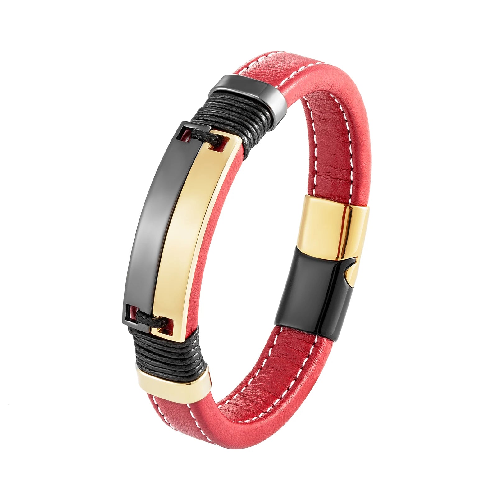 Caesarea Punk Double Row Bracelet – Smooth Multicolor Stainless Steel & Wide Leather