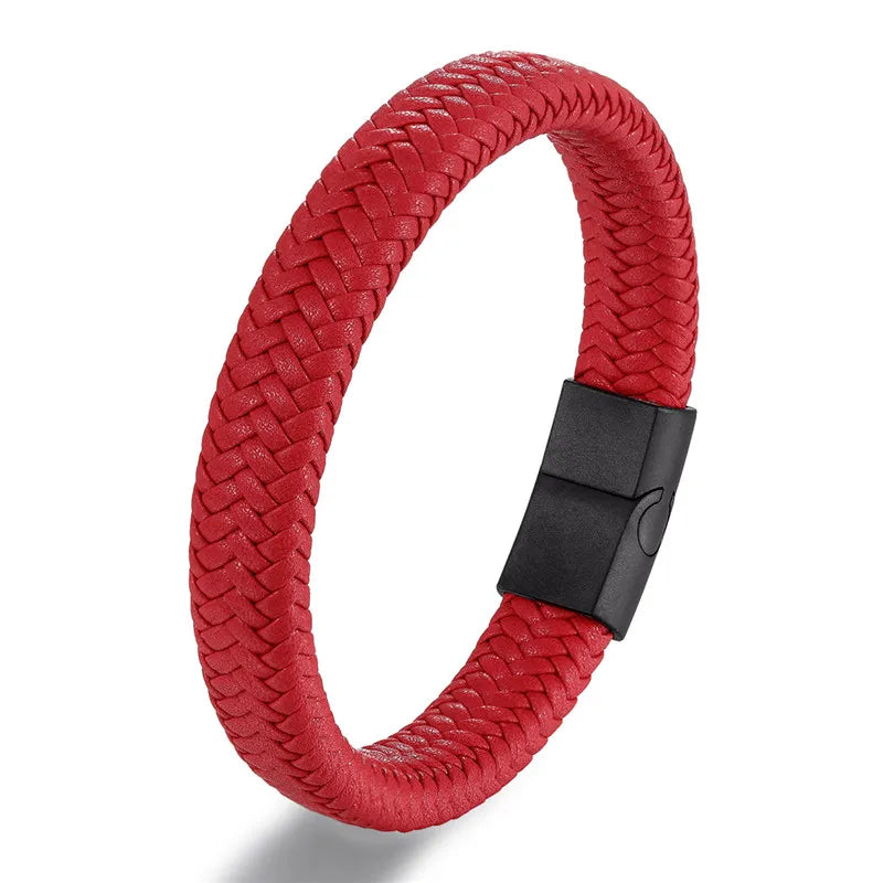 Vortex Braided Leather Bracelet – Punk Style with Black Stainless Steel Magnetic Clasp, Bold Woven Design for Men