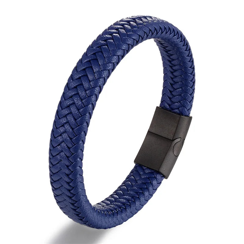 Vortex Braided Leather Bracelet – Punk Style with Black Stainless Steel Magnetic Clasp, Bold Woven Design for Men