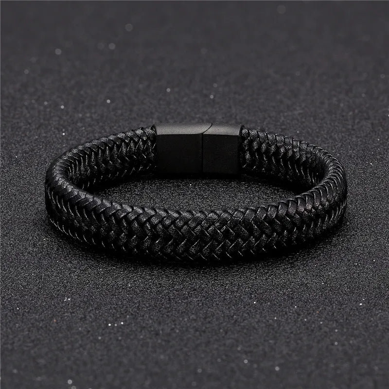 Vortex Braided Leather Bracelet – Punk Style with Black Stainless Steel Magnetic Clasp, Bold Woven Design for Men