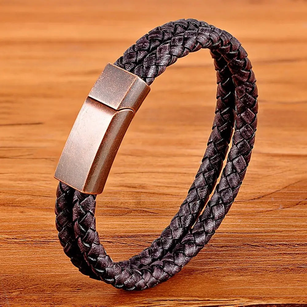XQNI Fashion Men's Leather Bracelet Vintage Double-Layers Combination Leather Pop Punk Stainless Steel Jewelry Birthday Gift
