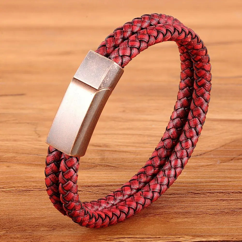 XQNI Fashion Men's Leather Bracelet Vintage Double-Layers Combination Leather Pop Punk Stainless Steel Jewelry Birthday Gift