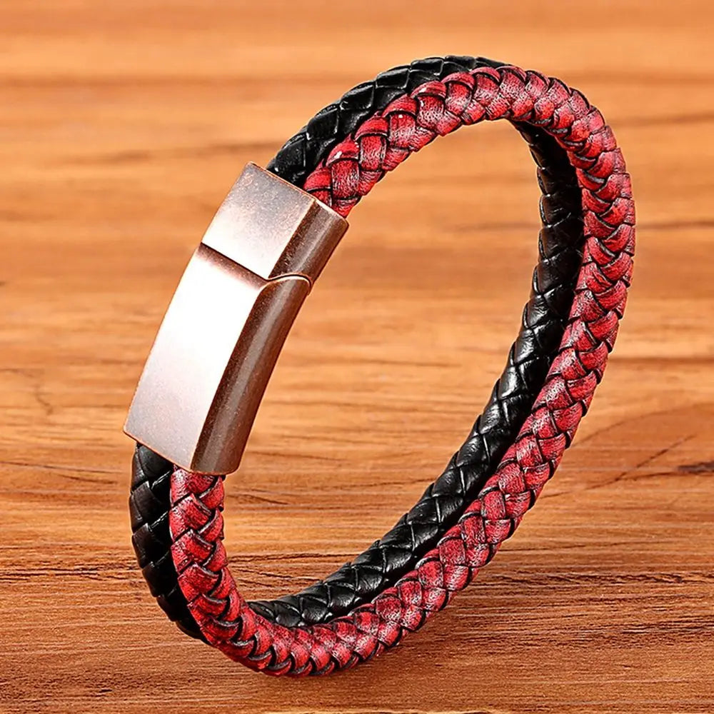 XQNI Fashion Men's Leather Bracelet Vintage Double-Layers Combination Leather Pop Punk Stainless Steel Jewelry Birthday Gift