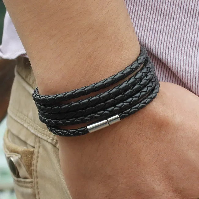 Leather Link Nero Bracelet – Black Retro Wrap Bracelet for Men with 5 Laps, Sporty Chain Link Style and Fashionable Leather Design