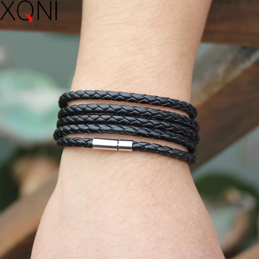 Leather Link Nero Bracelet – Black Retro Wrap Bracelet for Men with 5 Laps, Sporty Chain Link Style and Fashionable Leather Design