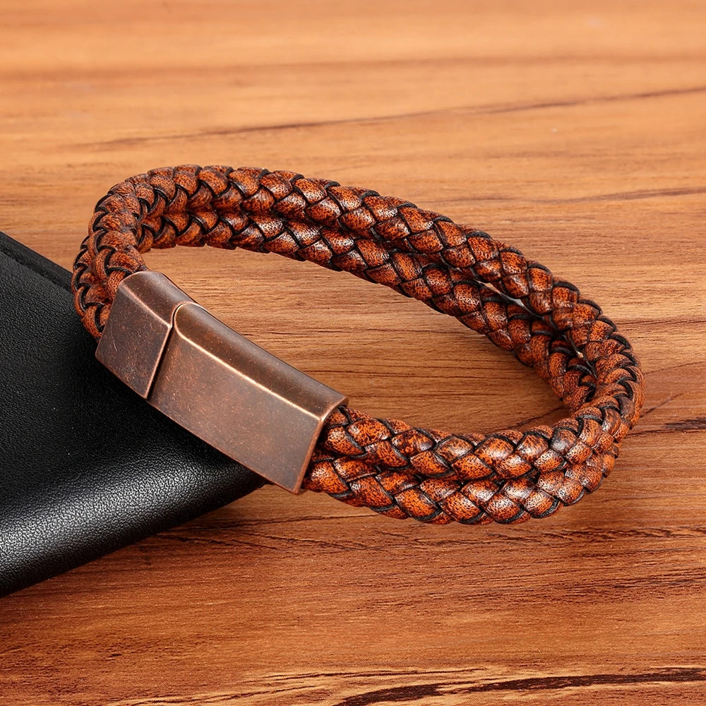XQNI Fashion Men's Leather Bracelet Vintage Double-Layers Combination Leather Pop Punk Stainless Steel Jewelry Birthday Gift