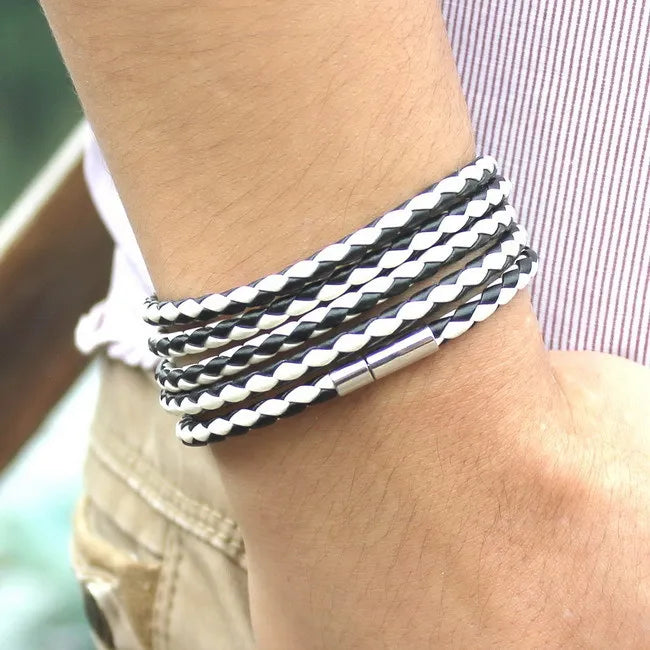 Leather Link Nero Bracelet – Black Retro Wrap Bracelet for Men with 5 Laps, Sporty Chain Link Style and Fashionable Leather Design