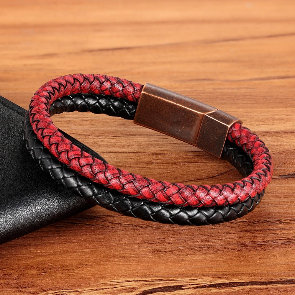 XQNI Fashion Men's Leather Bracelet Vintage Double-Layers Combination Leather Pop Punk Stainless Steel Jewelry Birthday Gift