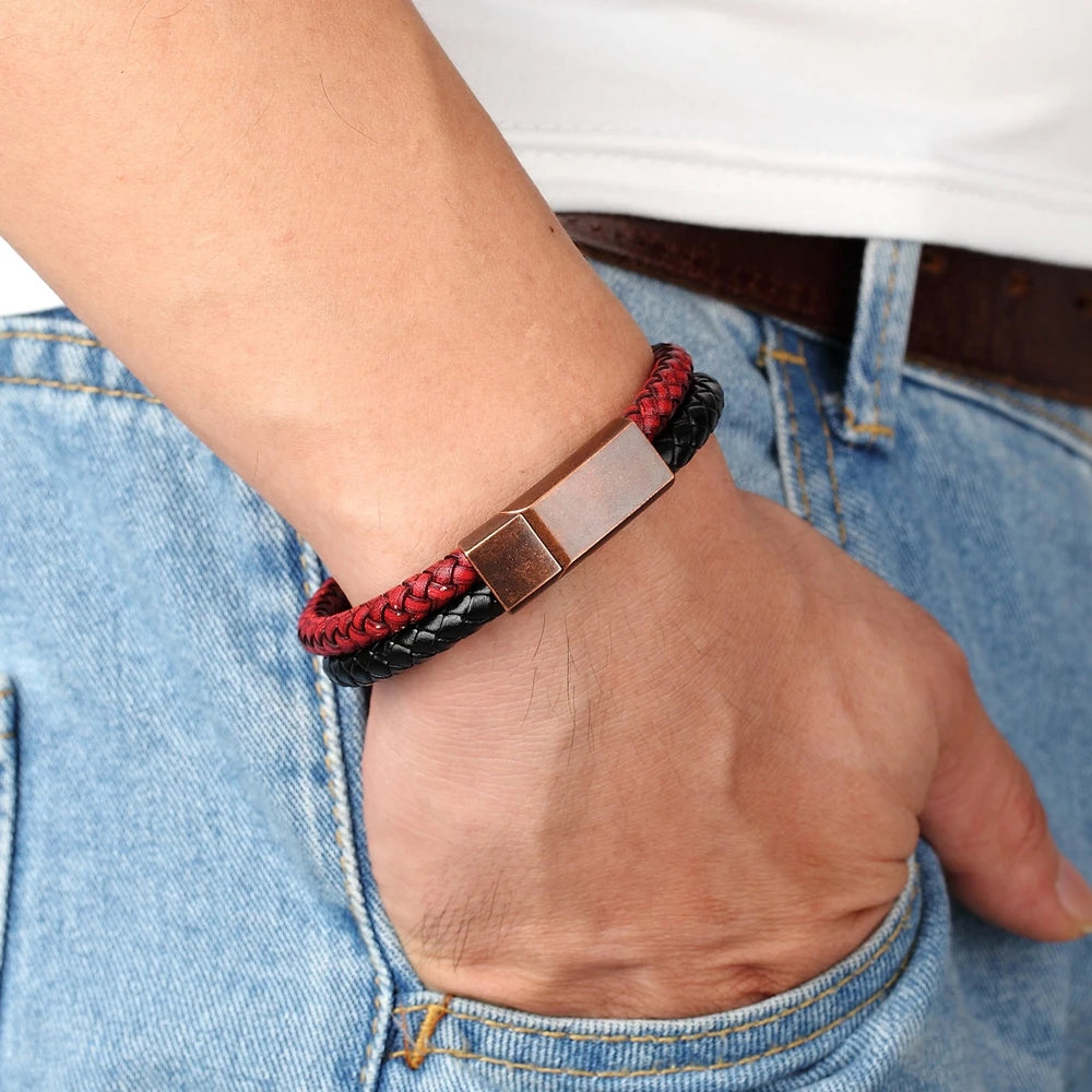 XQNI Fashion Men's Leather Bracelet Vintage Double-Layers Combination Leather Pop Punk Stainless Steel Jewelry Birthday Gift