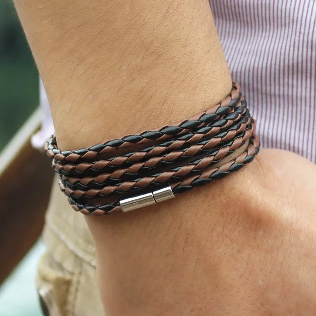 Leather Link Nero Bracelet – Black Retro Wrap Bracelet for Men with 5 Laps, Sporty Chain Link Style and Fashionable Leather Design