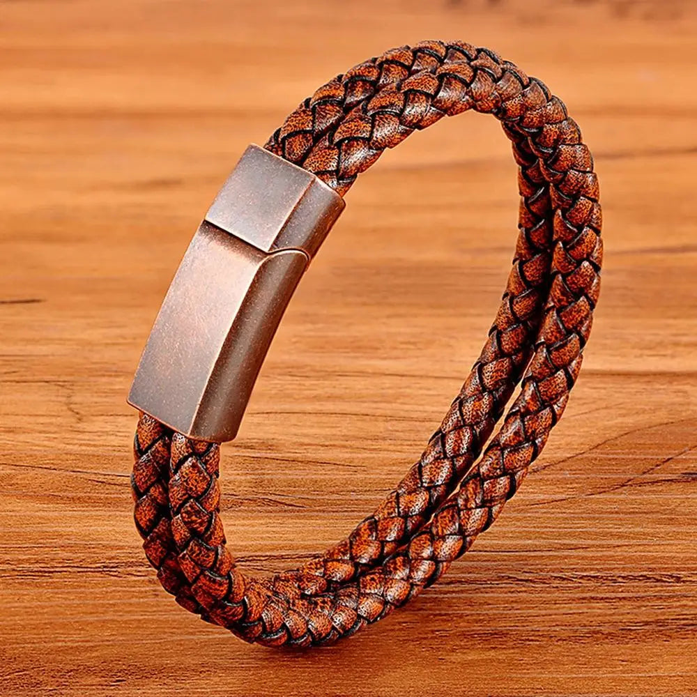 XQNI Fashion Men's Leather Bracelet Vintage Double-Layers Combination Leather Pop Punk Stainless Steel Jewelry Birthday Gift