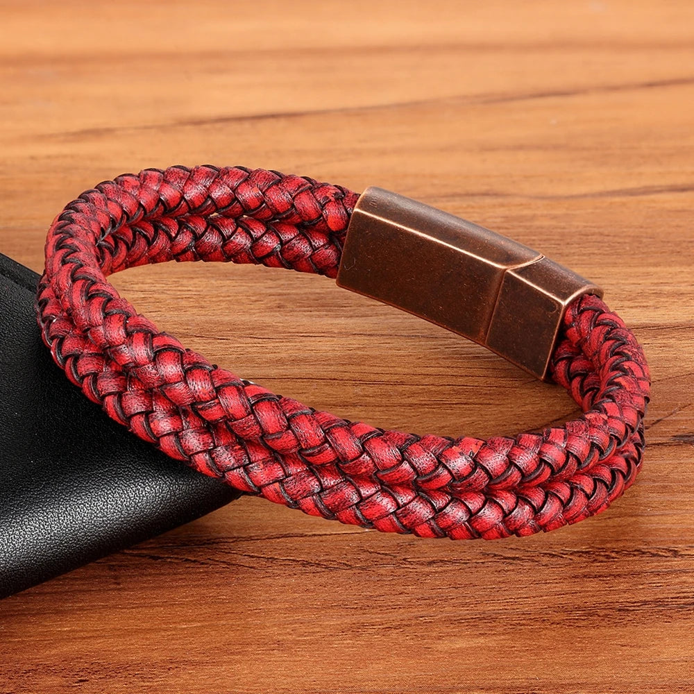 XQNI Fashion Men's Leather Bracelet Vintage Double-Layers Combination Leather Pop Punk Stainless Steel Jewelry Birthday Gift