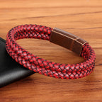 XQNI Fashion Men's Leather Bracelet Vintage Double-Layers Combination Leather Pop Punk Stainless Steel Jewelry Birthday Gift