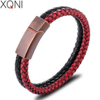 XQNI Fashion Men's Leather Bracelet Vintage Double-Layers Combination Leather Pop Punk Stainless Steel Jewelry Birthday Gift