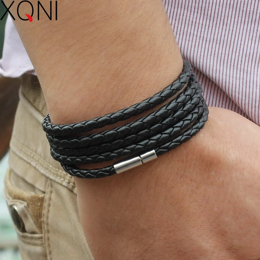 Leather Link Nero Bracelet – Black Retro Wrap Bracelet for Men with 5 Laps, Sporty Chain Link Style and Fashionable Leather Design