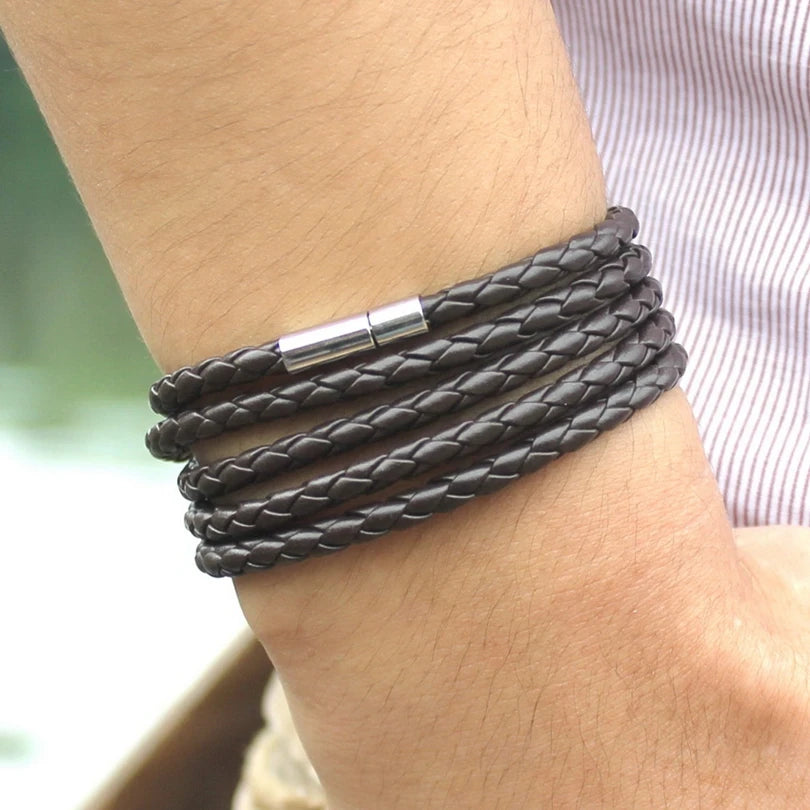 Leather Link Nero Bracelet – Black Retro Wrap Bracelet for Men with 5 Laps, Sporty Chain Link Style and Fashionable Leather Design