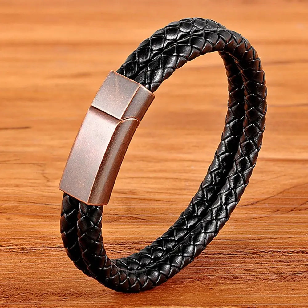 XQNI Fashion Men's Leather Bracelet Vintage Double-Layers Combination Leather Pop Punk Stainless Steel Jewelry Birthday Gift