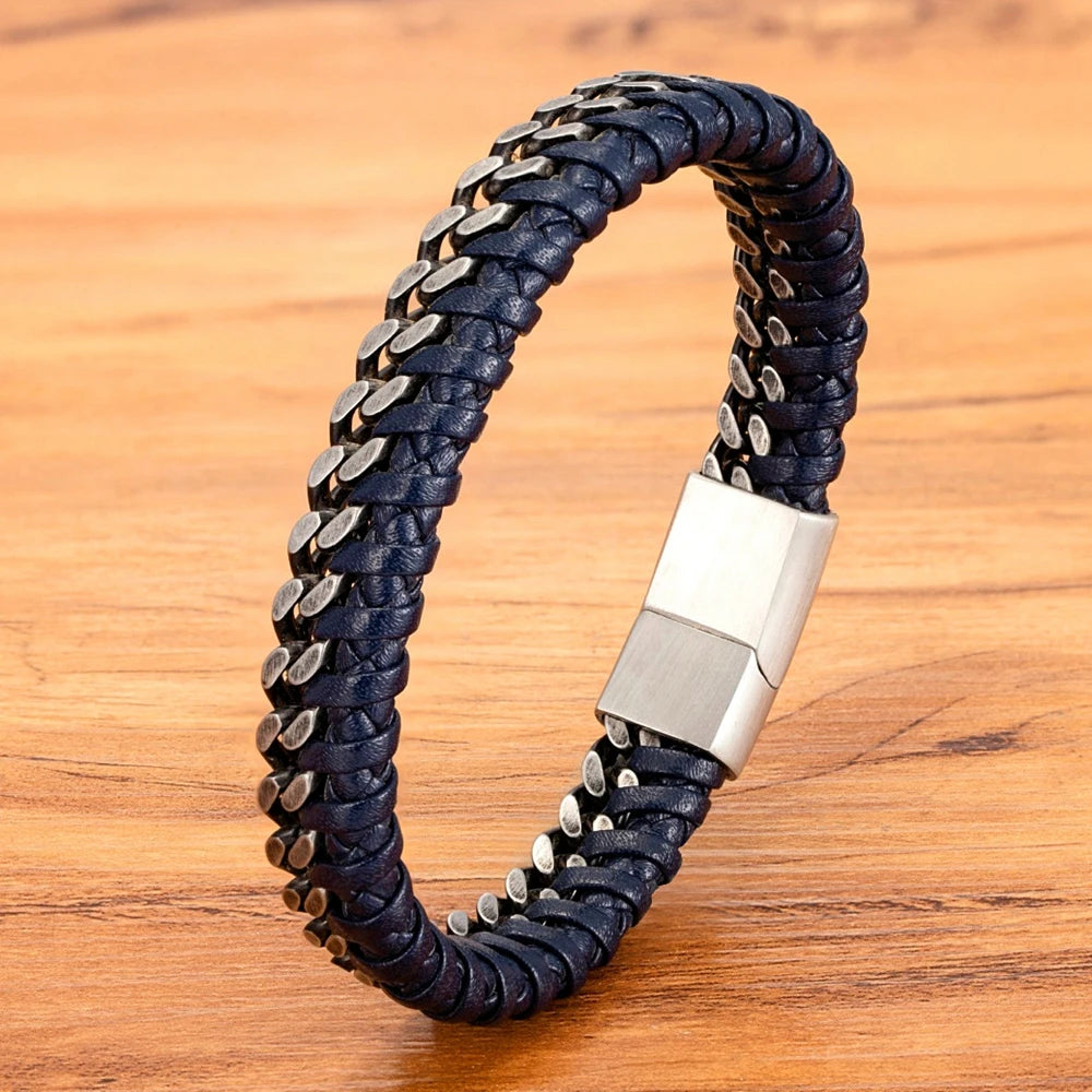 XQNI Luxury Vintage Handmade Leather Braid Men Bracelet Stainless Steel Buckle Business Men's Bangles For Friend Partner Lovers