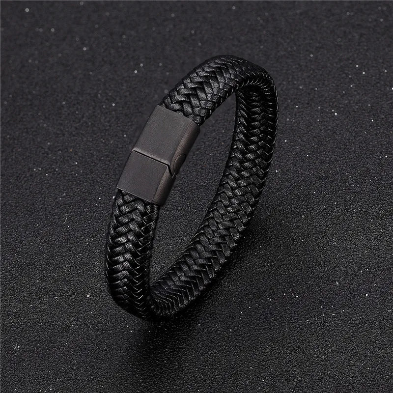 Vortex Braided Leather Bracelet – Punk Style with Black Stainless Steel Magnetic Clasp, Bold Woven Design for Men