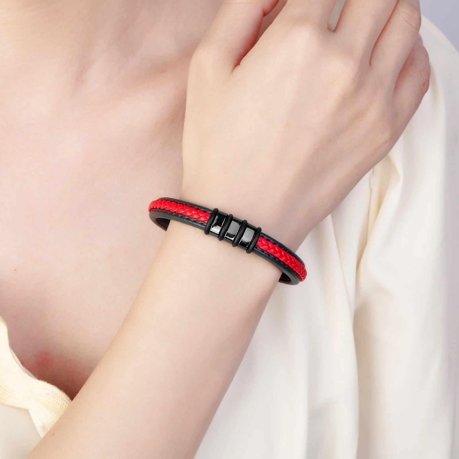 Lutetia Interlocking Couple Bracelet – 316L Stainless Steel & Leather Rope Classic Unisex