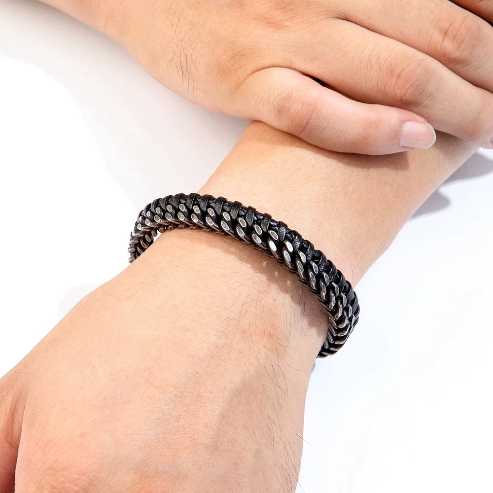 XQNI Luxury Vintage Handmade Leather Braid Men Bracelet Stainless Steel Buckle Business Men's Bangles For Friend Partner Lovers