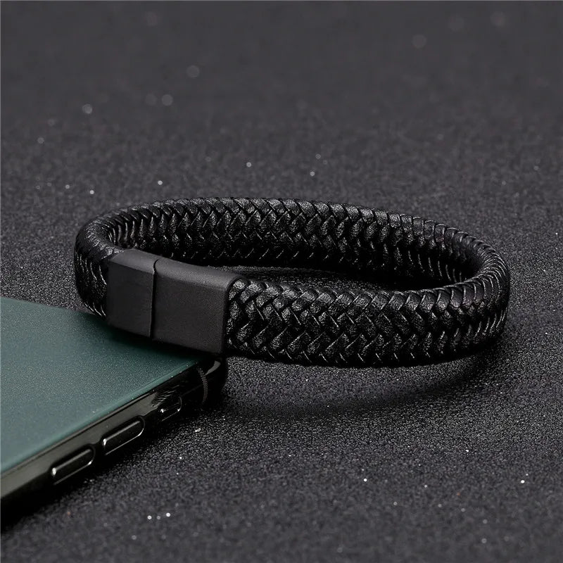 Vortex Braided Leather Bracelet – Punk Style with Black Stainless Steel Magnetic Clasp, Bold Woven Design for Men