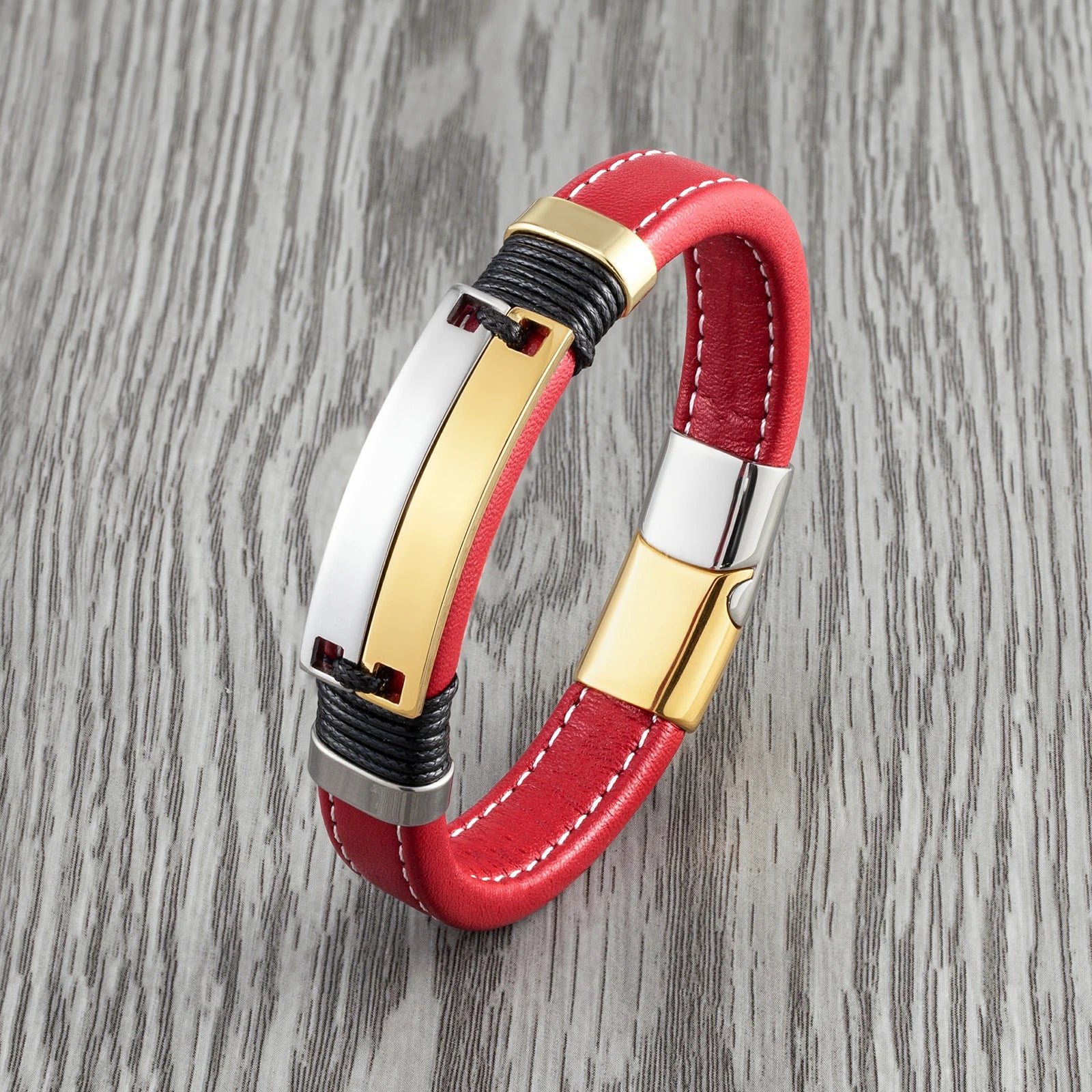 Caesarea Punk Double Row Bracelet – Smooth Multicolor Stainless Steel & Wide Leather