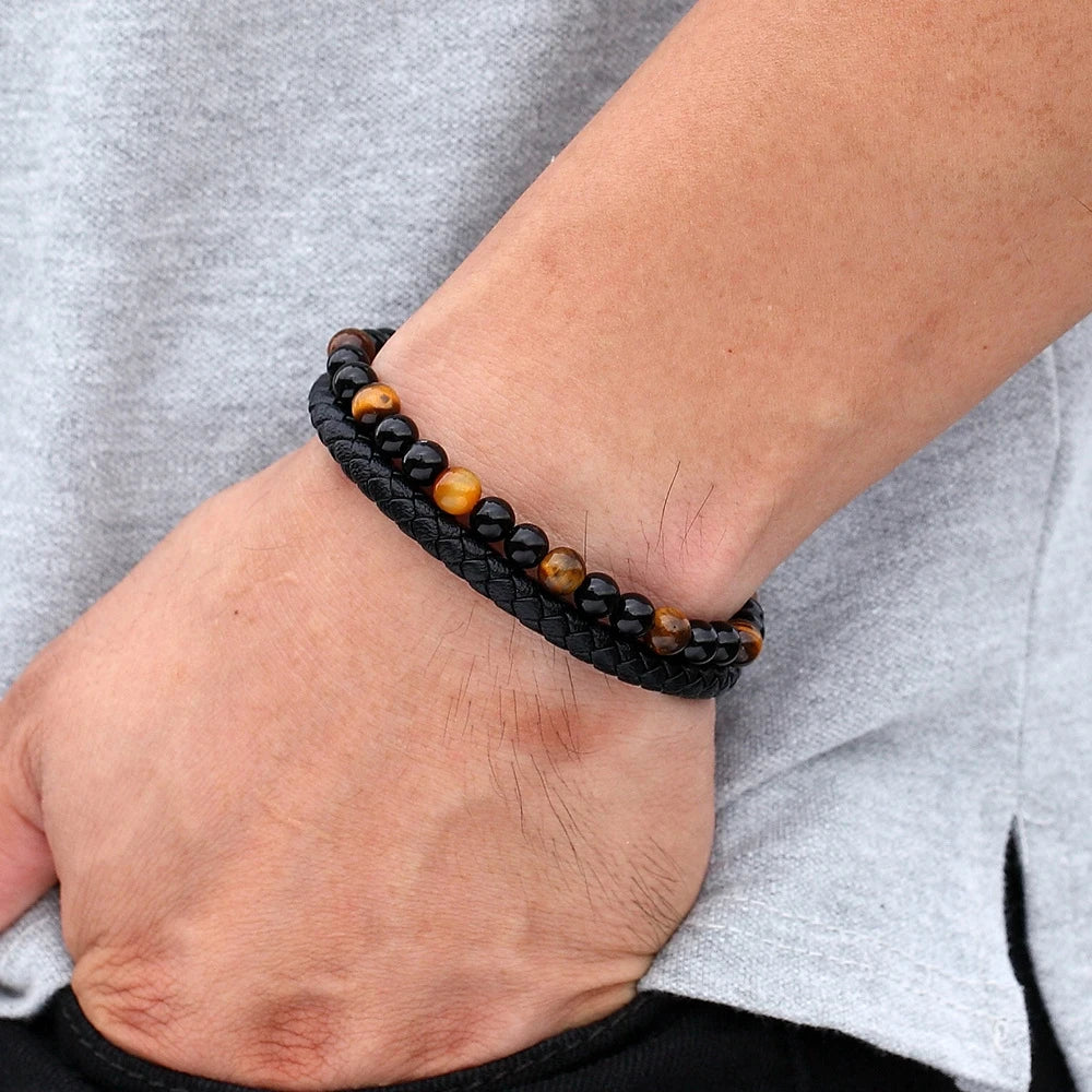 Valentia Natural Stone & Leather Bracelet – Double Layer with Stainless Steel Magnetic Clasp